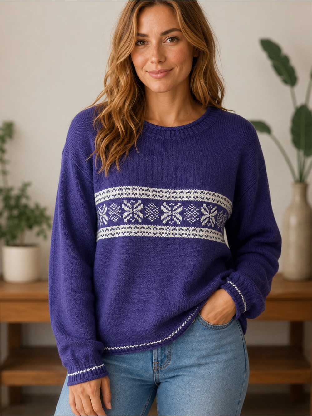 Vintage Bugle Boy Collection for Her Purple Fair Isle Snowflake Sweater Medium